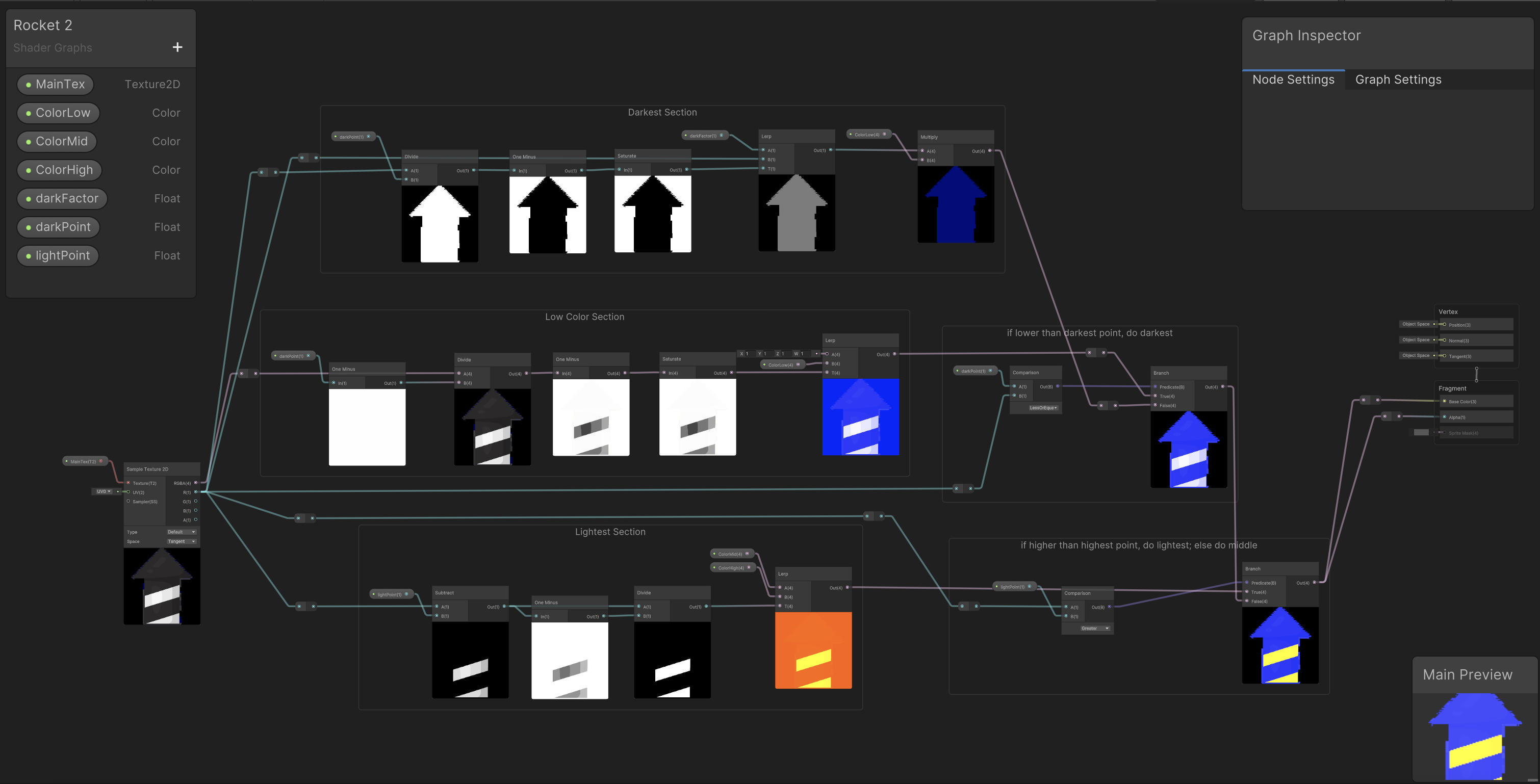Complete shader graph for precision three-color rocket shader