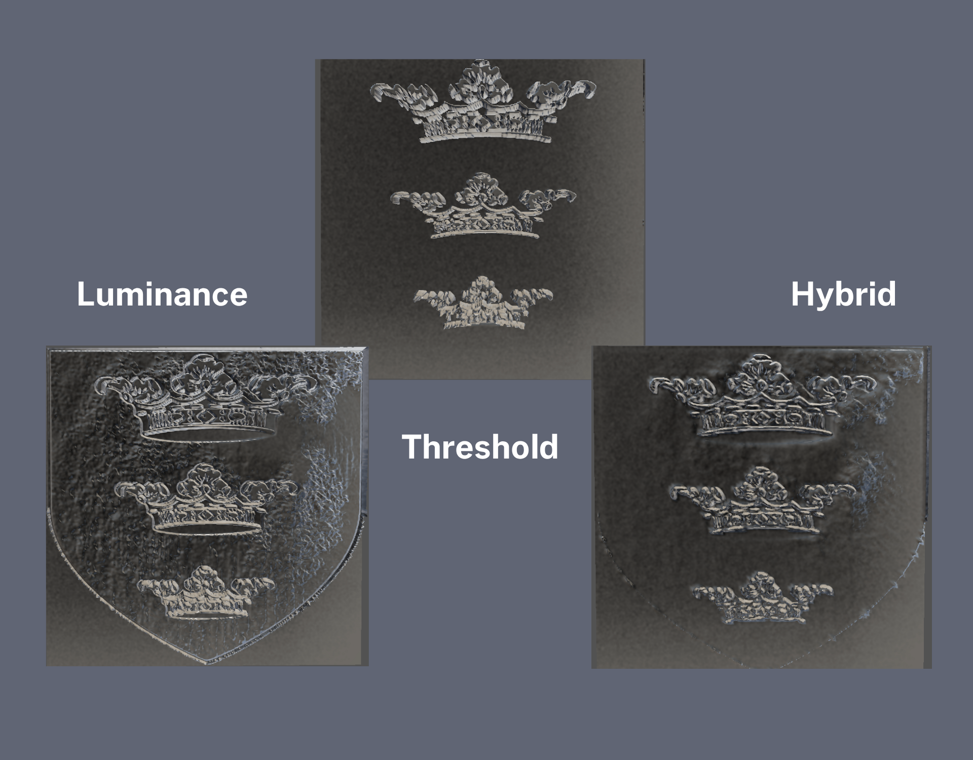 Three mask-mode previews side by side: Luminance, Threshold, and Hybrid on the same source image