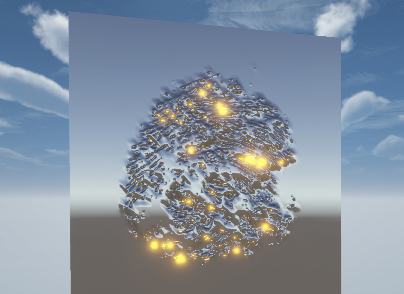 Live 3D preview of a fingerprint relief panel orbited to a side angle showing both displaced silhouette and normal-map surface detail