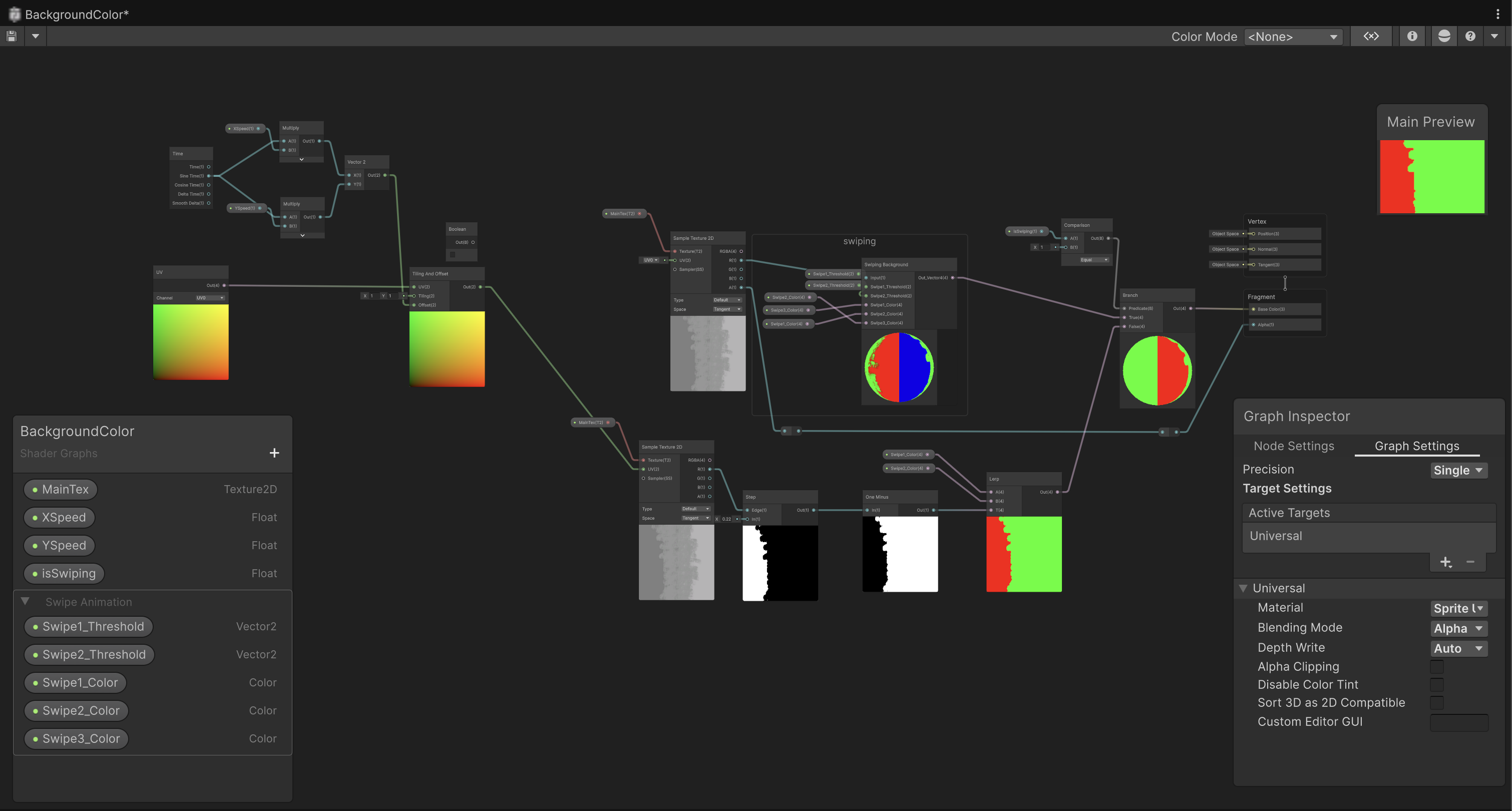 The BackgroundColor shader graph with its branching idle and wipe paths