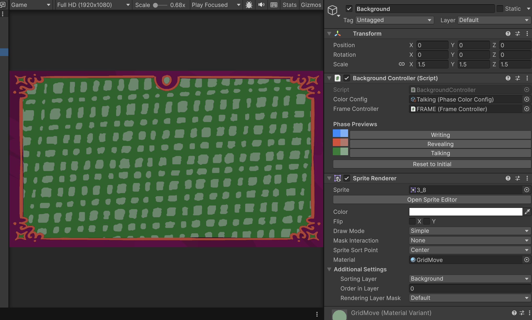 The custom controller inspector with clickable phase-preview swatches