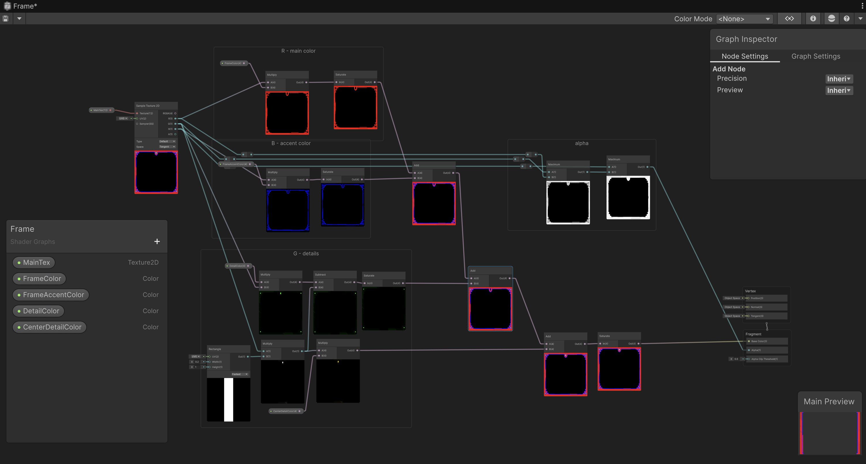 The Frame shader graph showing four-tier color masking