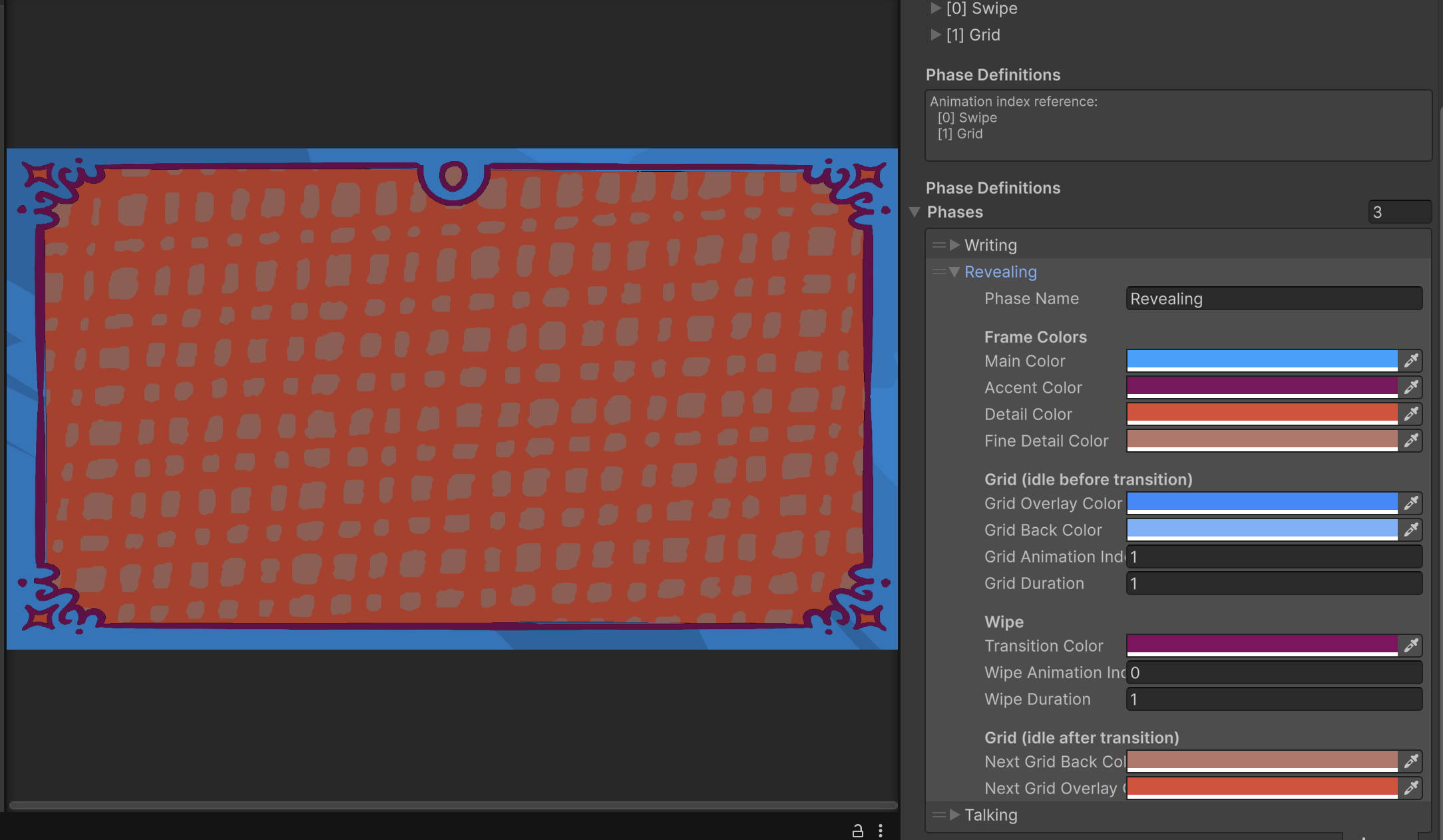 The PhaseColorConfig ScriptableObject in the inspector, listing phases and their palettes