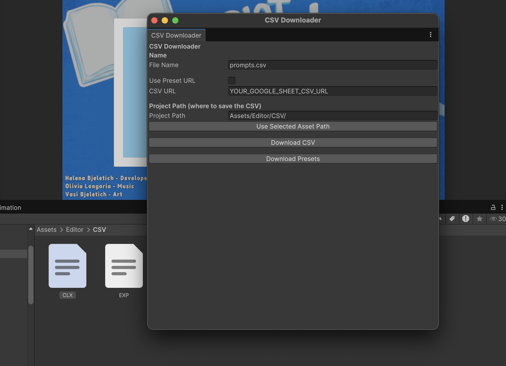 The custom Unity editor window for downloading CSVs from preset Google Sheet URLs