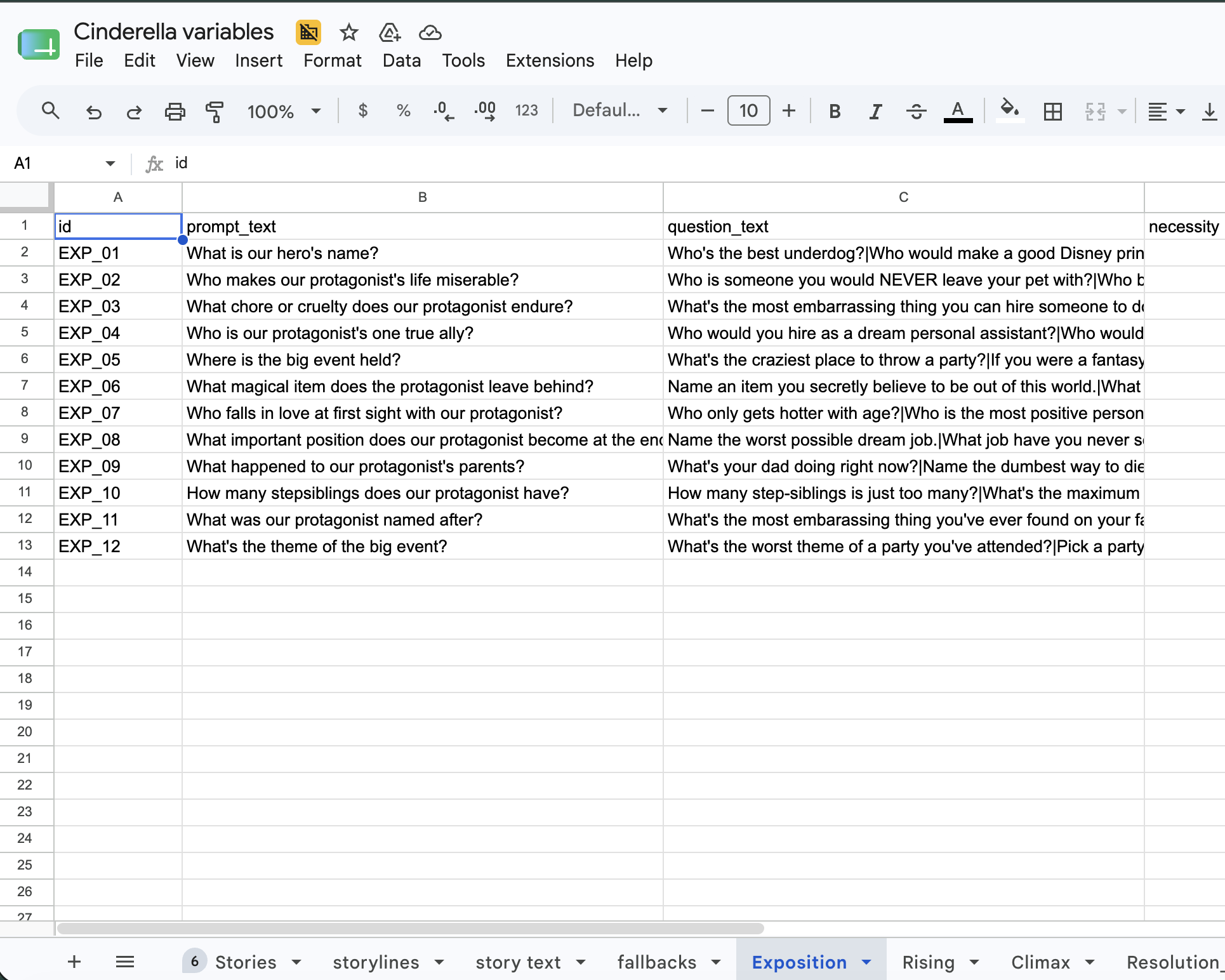 A Google Sheet of prompt rows, with columns for id, prompt text, options, and story variables