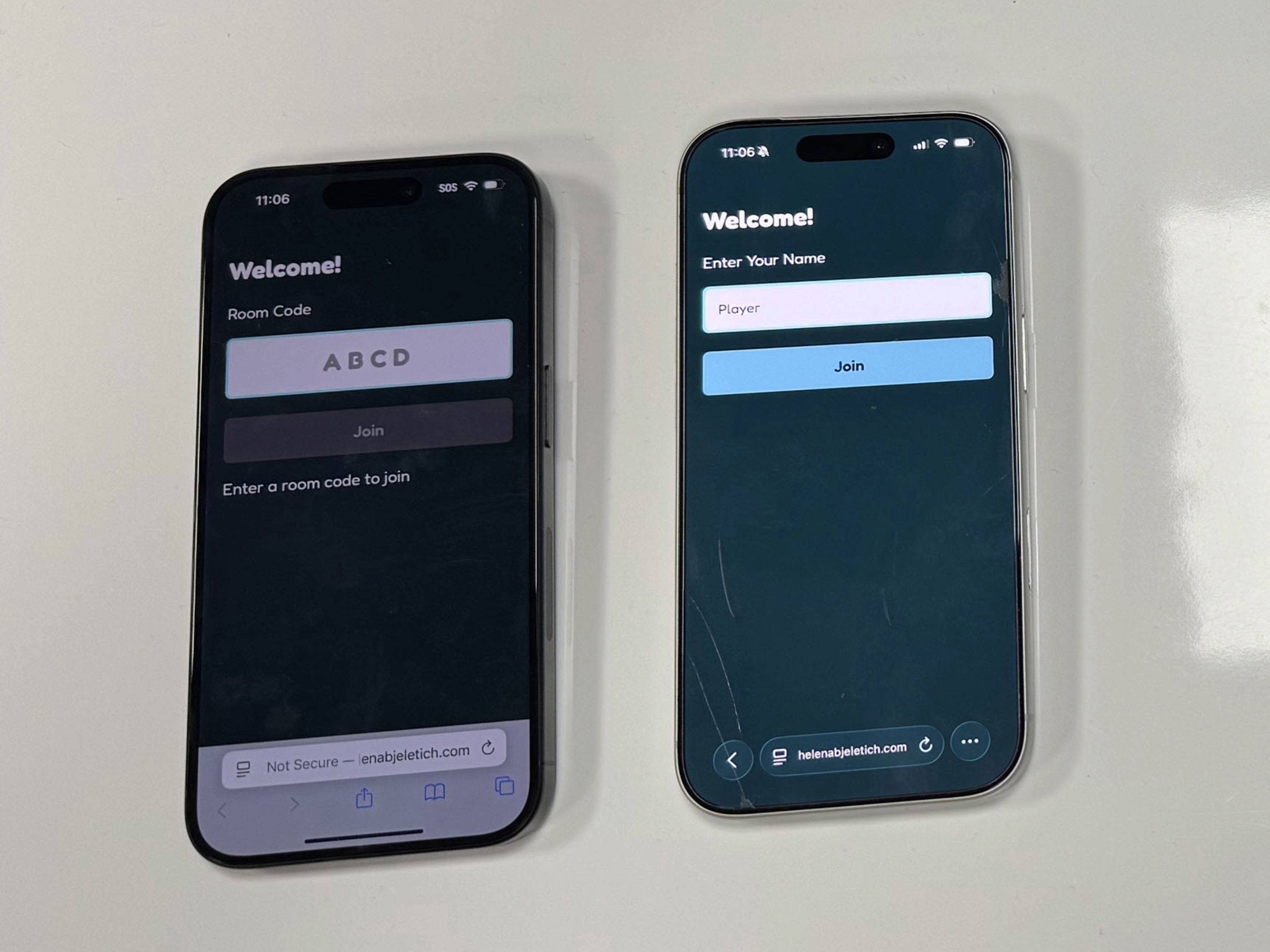 The phone client showing the four-letter room code entry screen