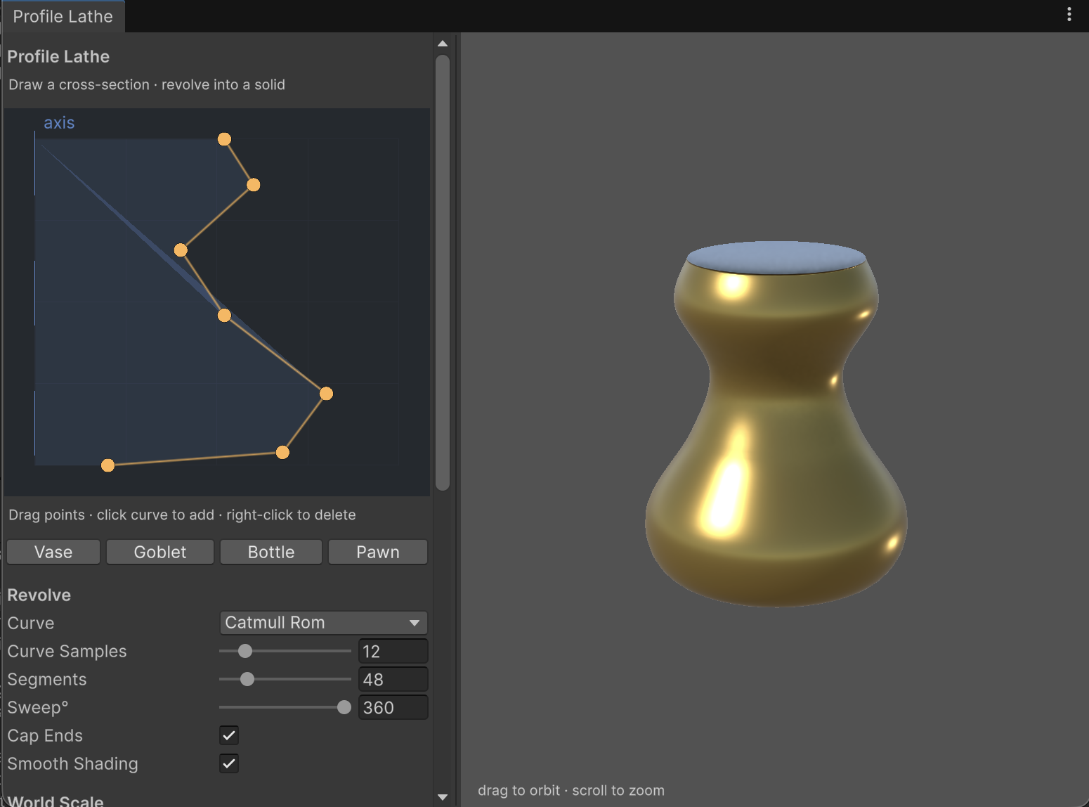 Two-panel editor: profile curve on the left, live 3D preview on the right