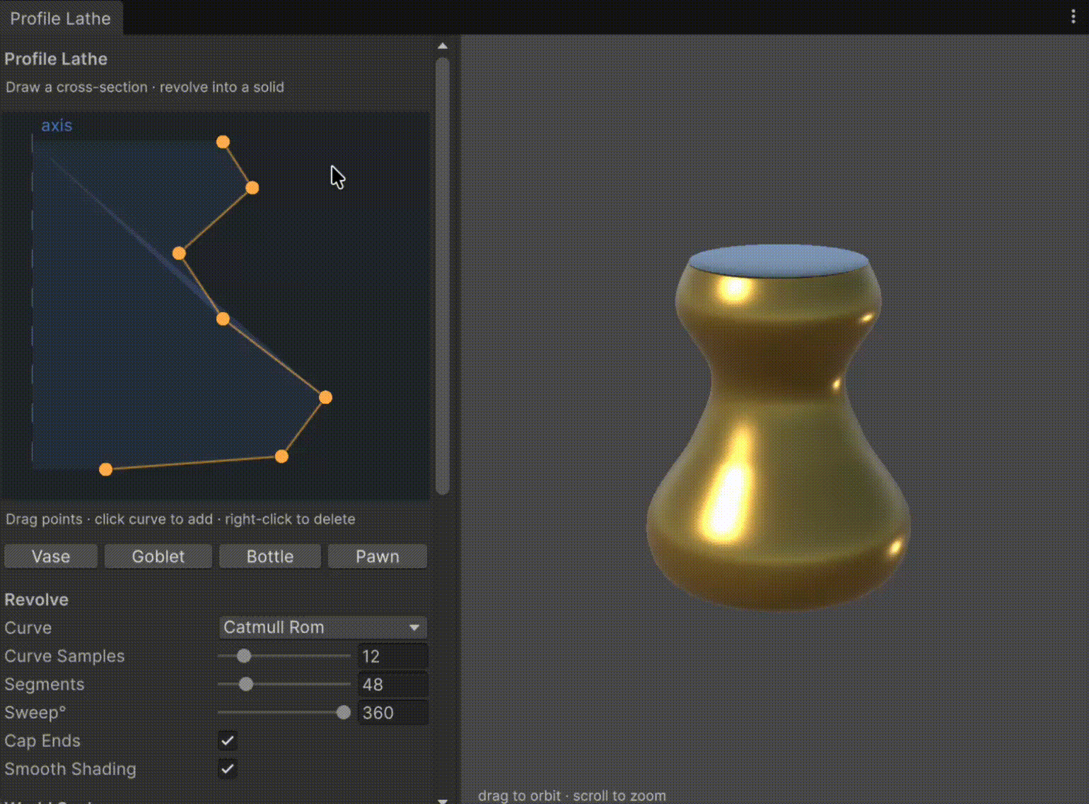 Profile Lathe editor: dragging a profile point while the 3D solid updates live